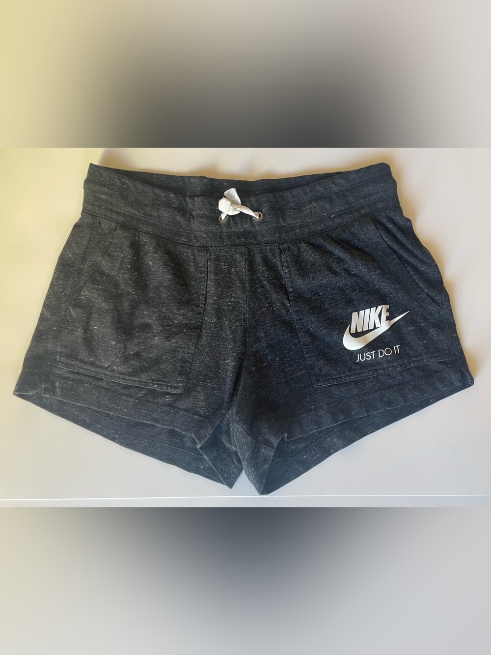Nike Black Heather Shorts with White Swoosh and Drawstring